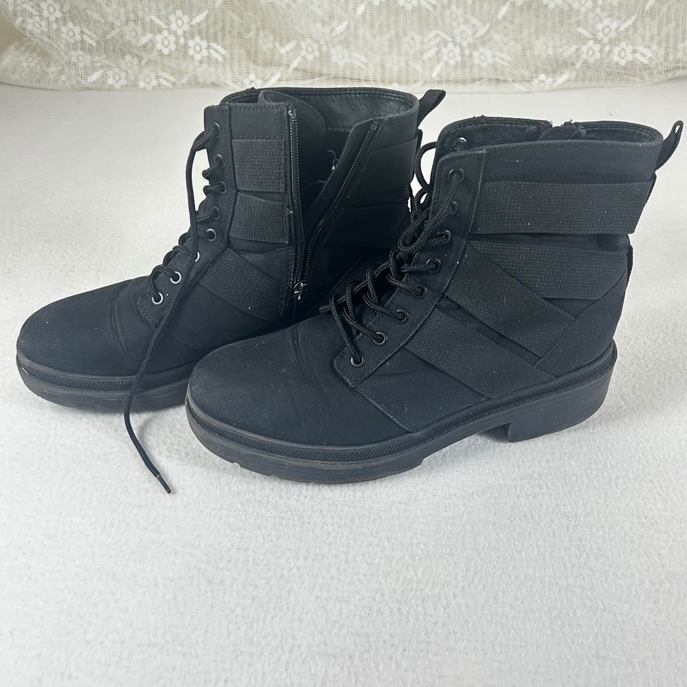 Womens Black Canvas Combat Boots Lace Up Side Zip Elastic Straps Lug Sole Size 9 - Picture 7 of 11